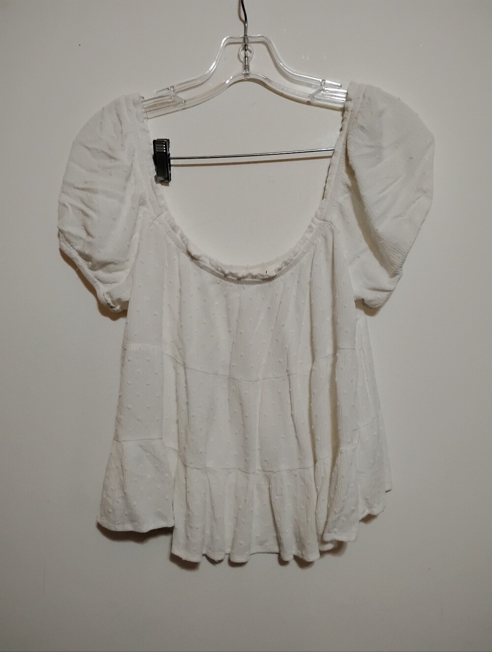 Becool White Puff-Sleeve Off-shoulde Boho Peasant Flare Top 100%Rayon Textured M